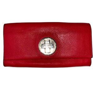Kate Spade Red Leather Silver Accessories Long Wallet Classic Preppy Minimalist